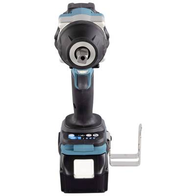 Cordless drill driver in black and blue design with a metal hook on the side, pictured front-facing.