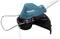 An electric trimmer with a blue casing and black protective shield, suitable for cutting grass.