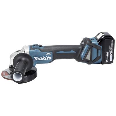 A cordless angle grinder in blue and black with an 18V battery. Brand name clearly visible on the housing.