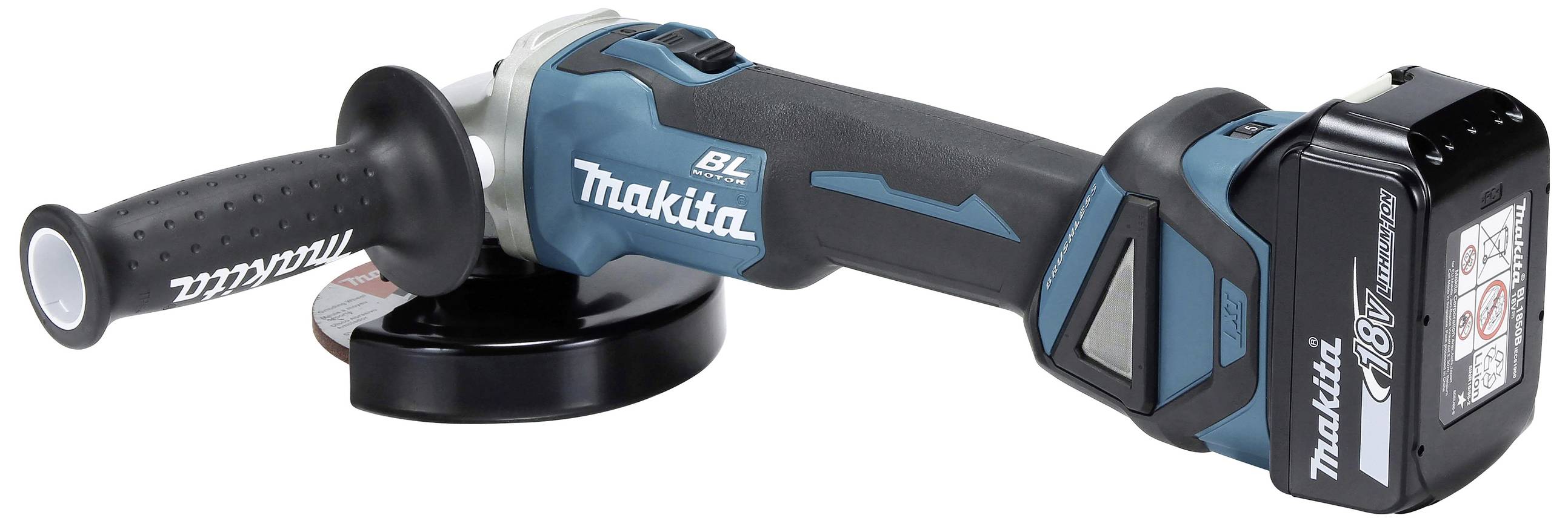 Cordless angle grinder with an ergonomic grip and additional side handle. The tool brand is clearly visible on the casing.