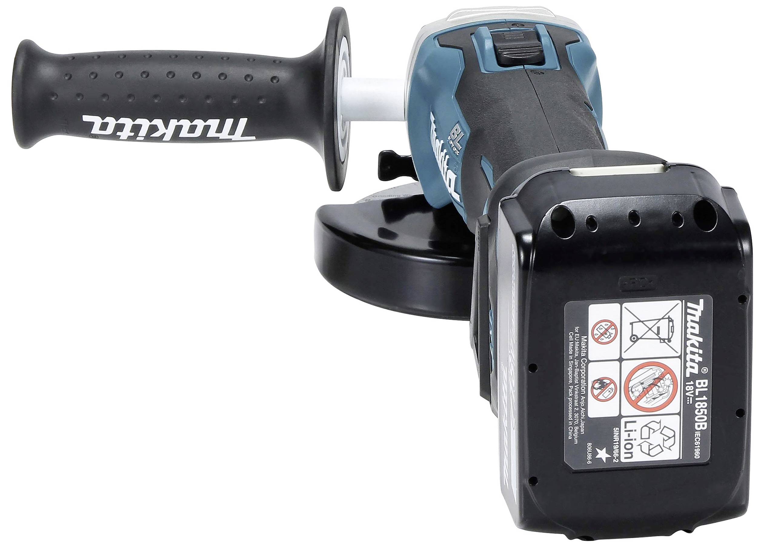 Makita angle grinder with blue casing and black handle, suitable for grinding and polishing work.