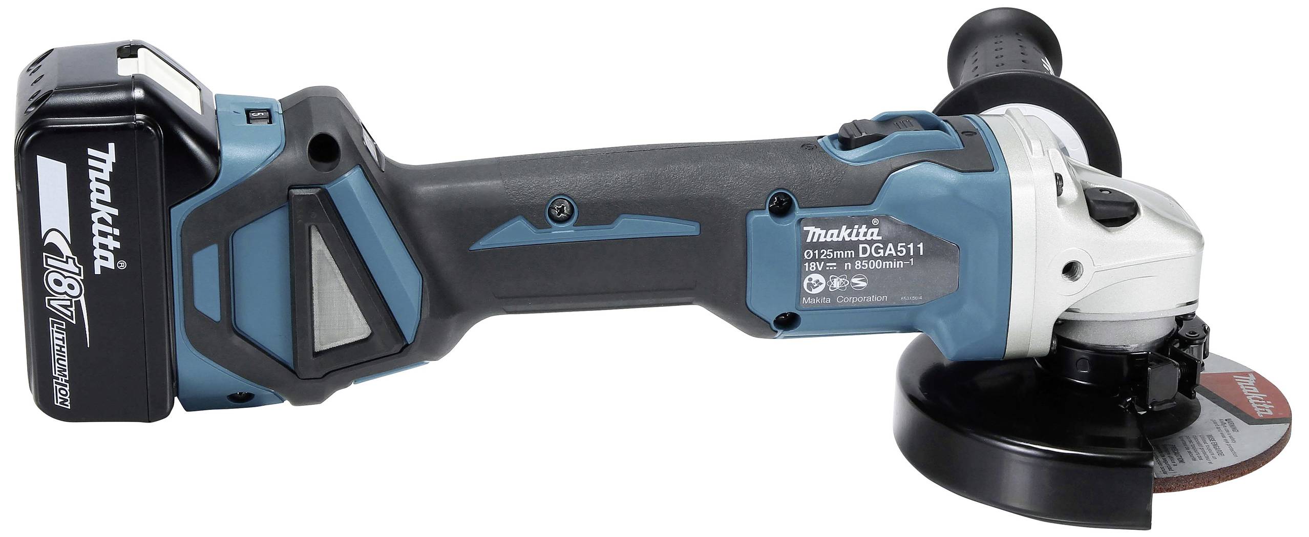 Battery-powered angle grinder in blue and black, Makita DGA511 model, with an 18V battery and grinding disc installed.