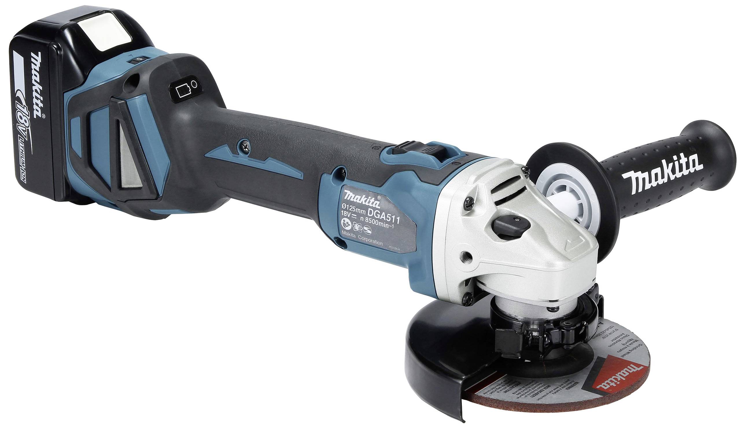 A cordless angle grinder with an ergonomic handle, manufacturer's name on the side. Primarily in blue and black.