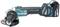 A cordless angle grinder in blue and black, featuring a Makita logo, an ergonomic handle, and a removable guard.