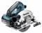 A cordless handheld circular saw by Makita with a blue handle, silver blade, and dust extraction. Ideal for precise wood cutting.