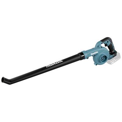 Battery-powered leaf blower with a long black tube and blue casing. 'Makita' brand visible on the device. For cleaning outdoor areas.