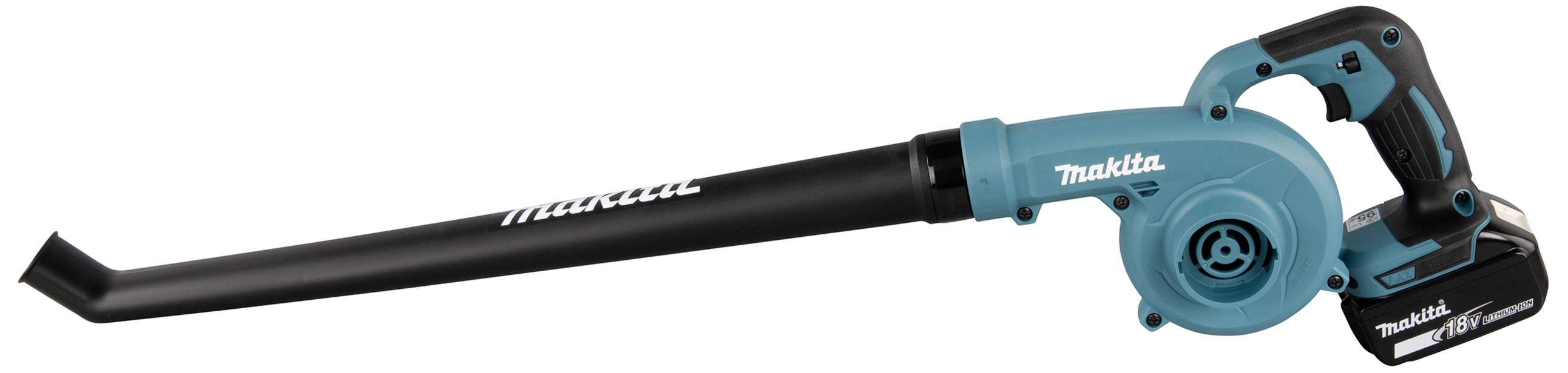 Cordless green leaf blower by Makita with long black tube and ergonomic handle for clearing leaves and debris.