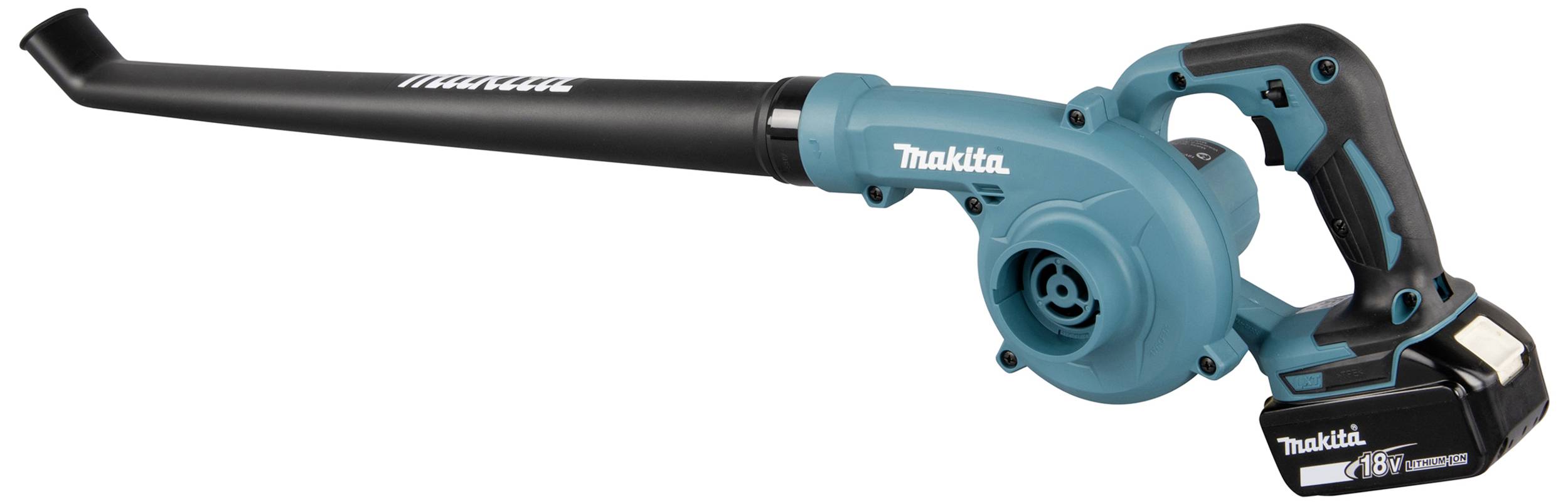 A blue, cordless leaf blower with a black handle and a long, narrow air tube. The 'Makita' brand name is printed on it.