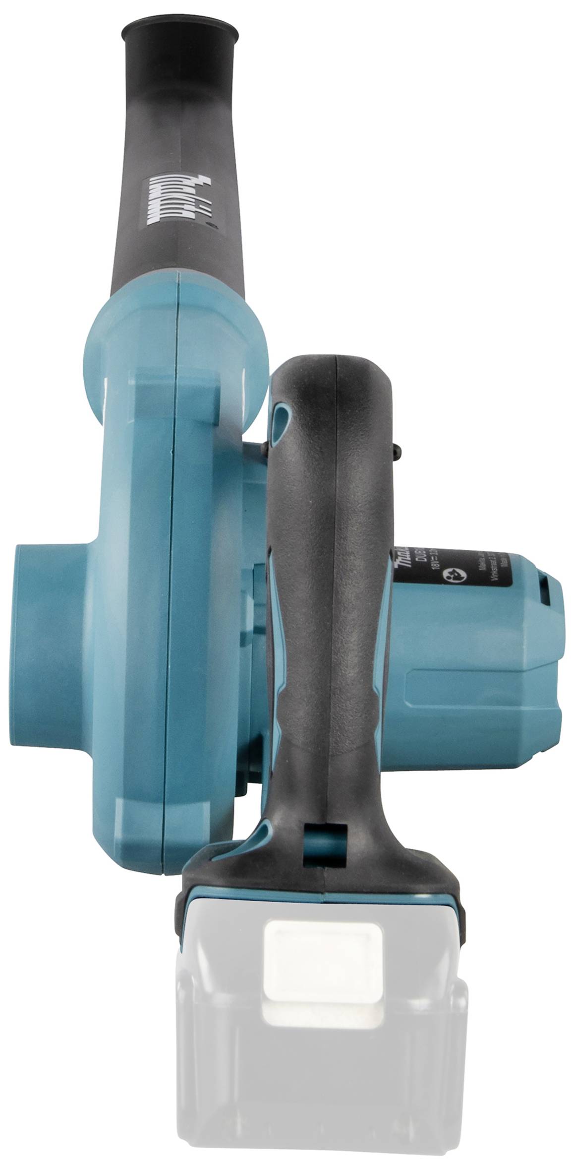 Blue, battery-powered leaf blower with a black handle, viewed from the front. Compact design for easy handling in the garden area.