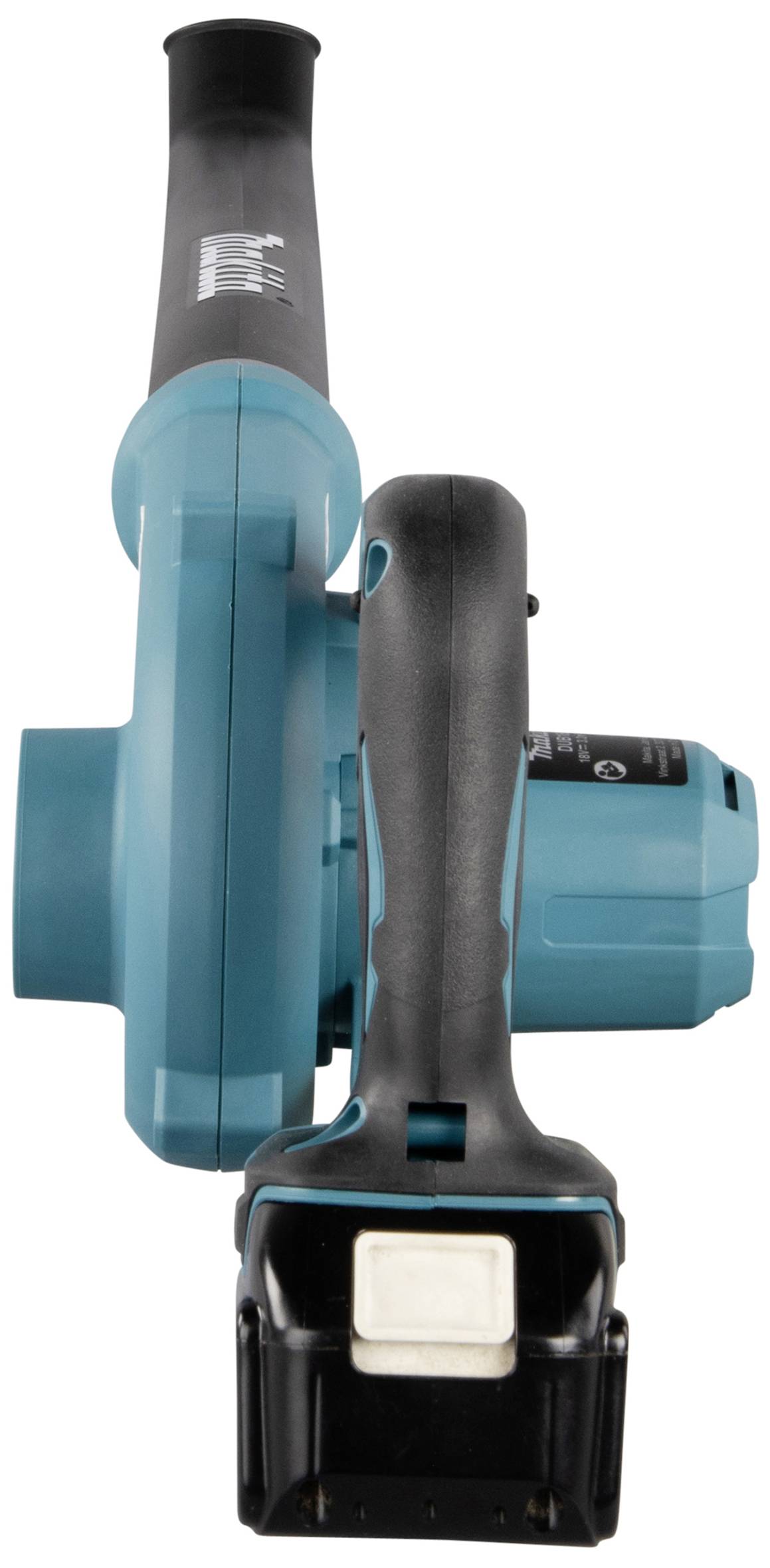 A blue handheld leaf blower with a black handle, battery-operated. Front view shows nozzle opening and charging port.