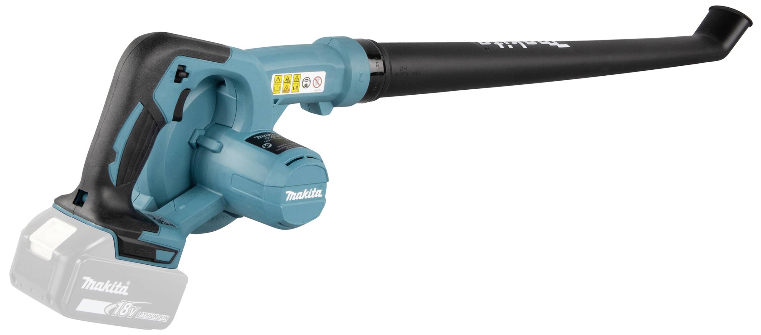 A portable, battery-powered leaf blower in a turquoise casing with a long, black pipe. Ideal for garden maintenance.