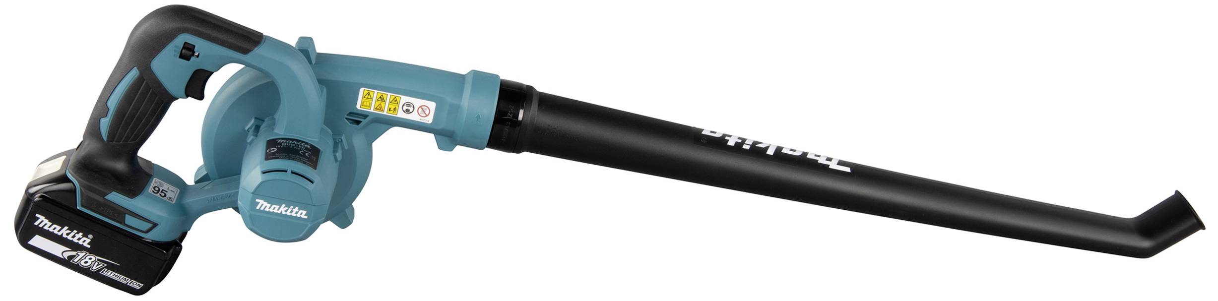 A cordless, navy blue leaf blower with a long nozzle tube and handle, suitable for removing leaves in the garden.