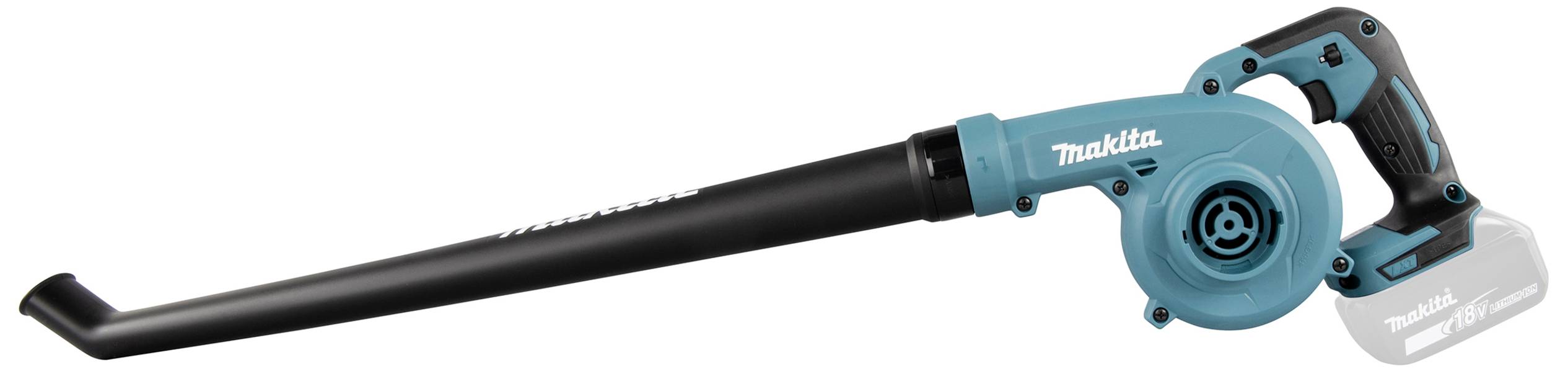 A cordless, blue Makita leaf blower with a long black tube, suitable for garden work.