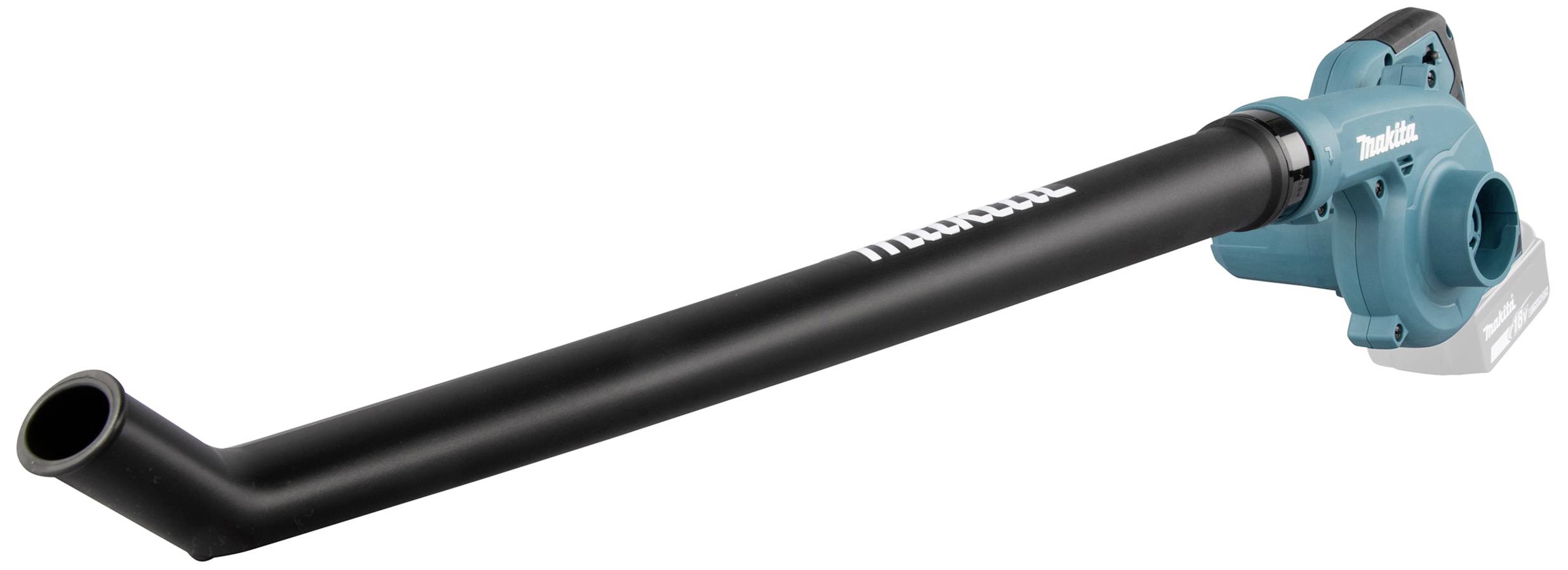 An electric leaf blower with a long, black blow tube and blue casing, set against a white background.