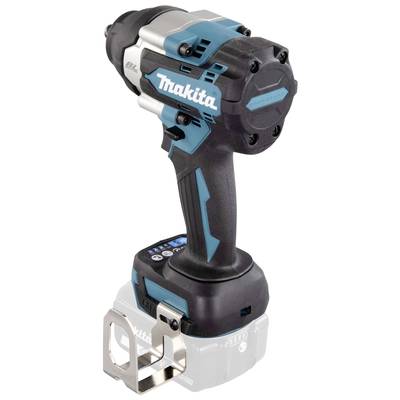 Makita cordless drill in blue and black with an ergonomic grip and metal mounting bracket.