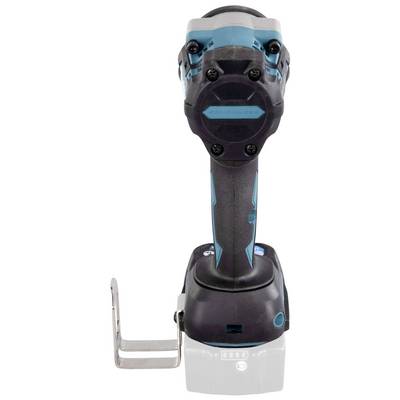 Cordless drill, blue and black, with a metal hook and battery at the bottom. Suitable for DIY tasks.