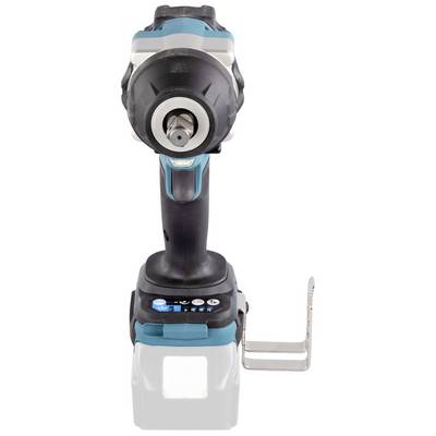 A cordless electric impact driver with an ergonomic grip, blue accent colour, robust housing, and removable holder.