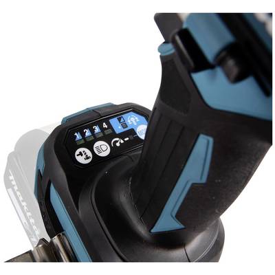 Power drill with a blue handle, displaying digits and symbols on the control unit, showing settings and functions.