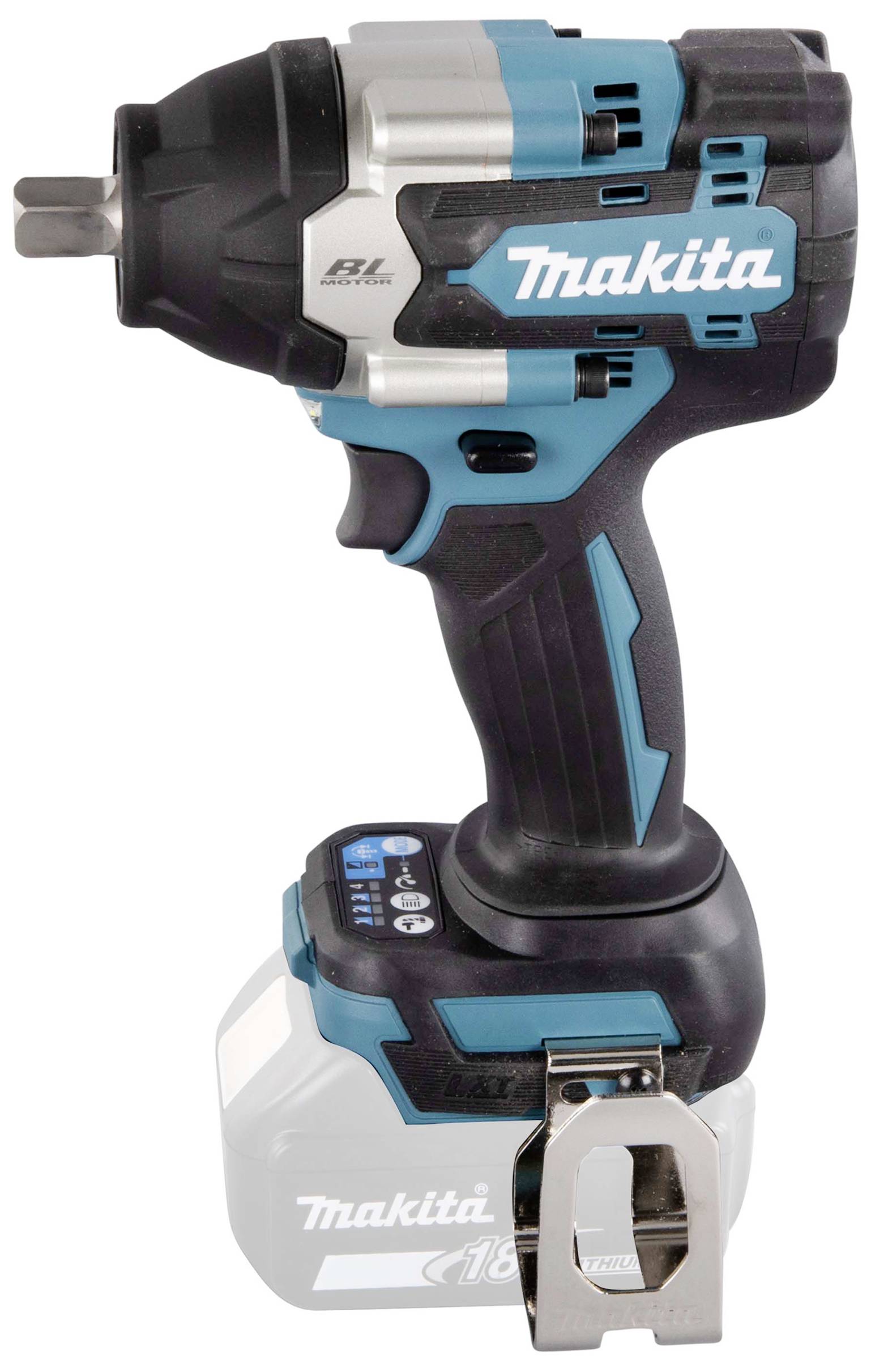 Makita cordless drill, blue and black, standing upright. Clear marking on the side of the casing, compact design.