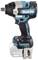 Makita cordless drill, blue and black, standing upright. Clear marking on the side of the casing, compact design.