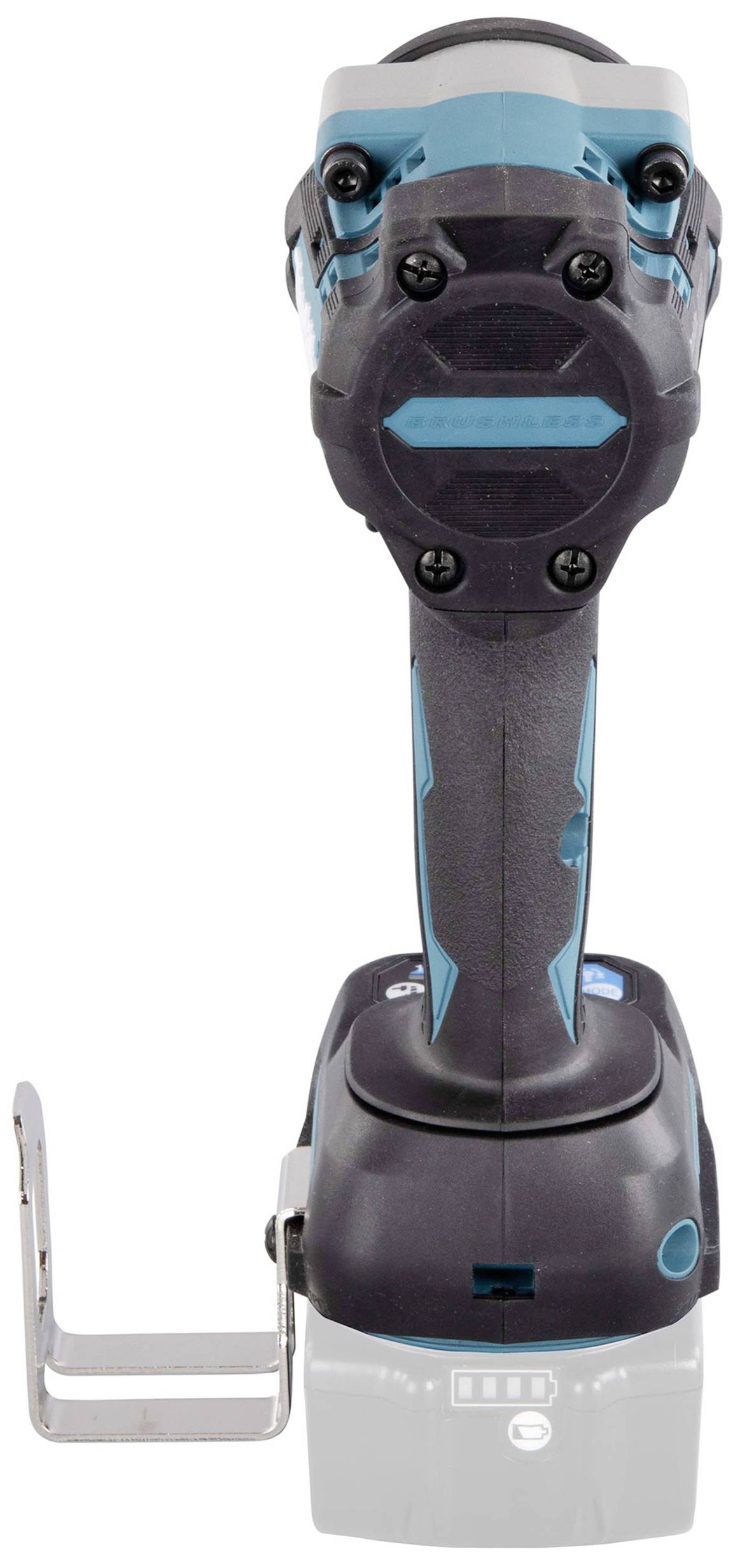A cordless drill driver with a blue-black casing and silver holder, viewed from behind.