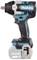 Cordless drill in black and blue with a grey drive shaft and removable battery, brand name on the side.