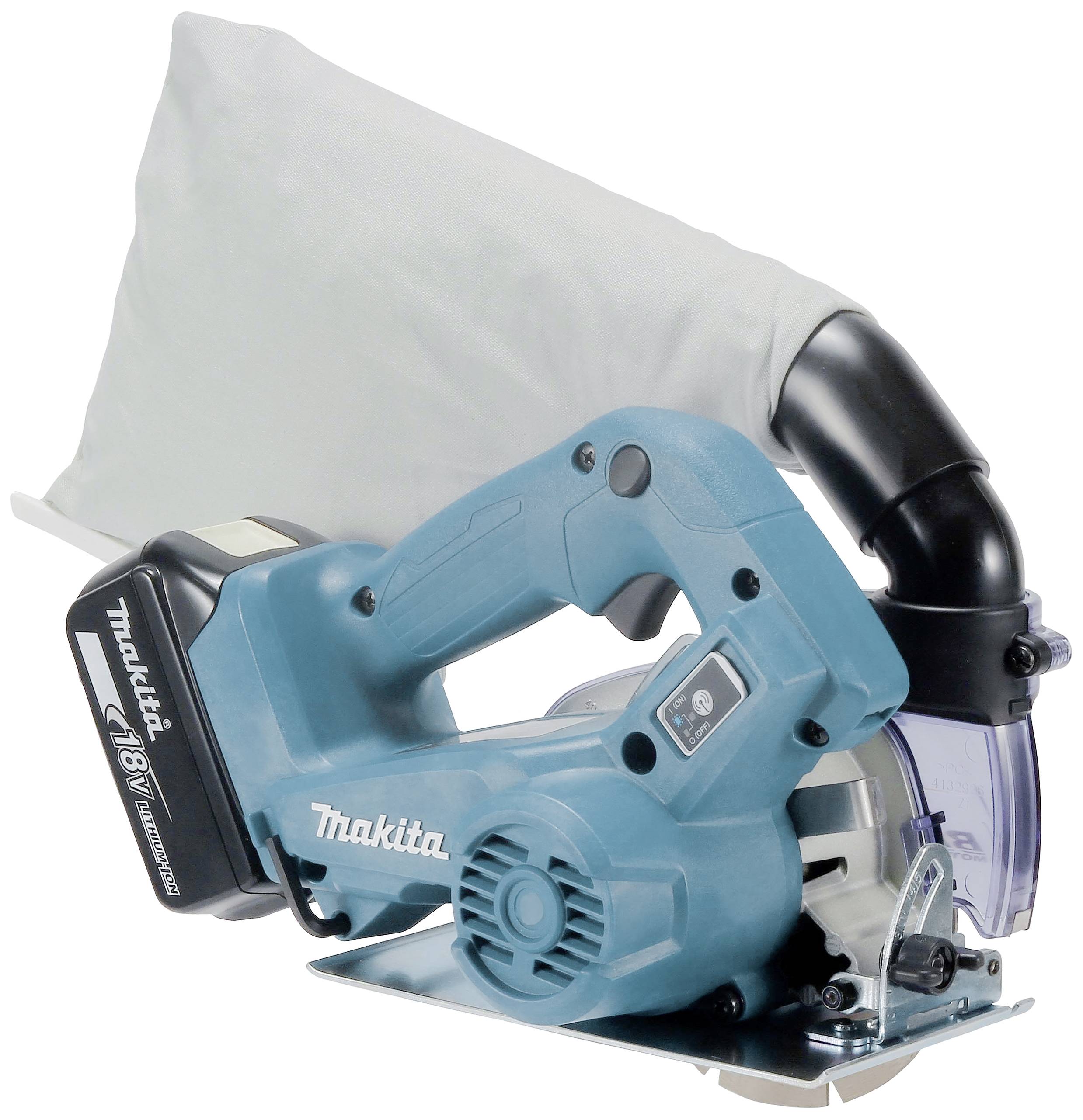 Battery-powered circular hand saw with dust collection bag. The saw is blue and suitable for precise cutting of materials.