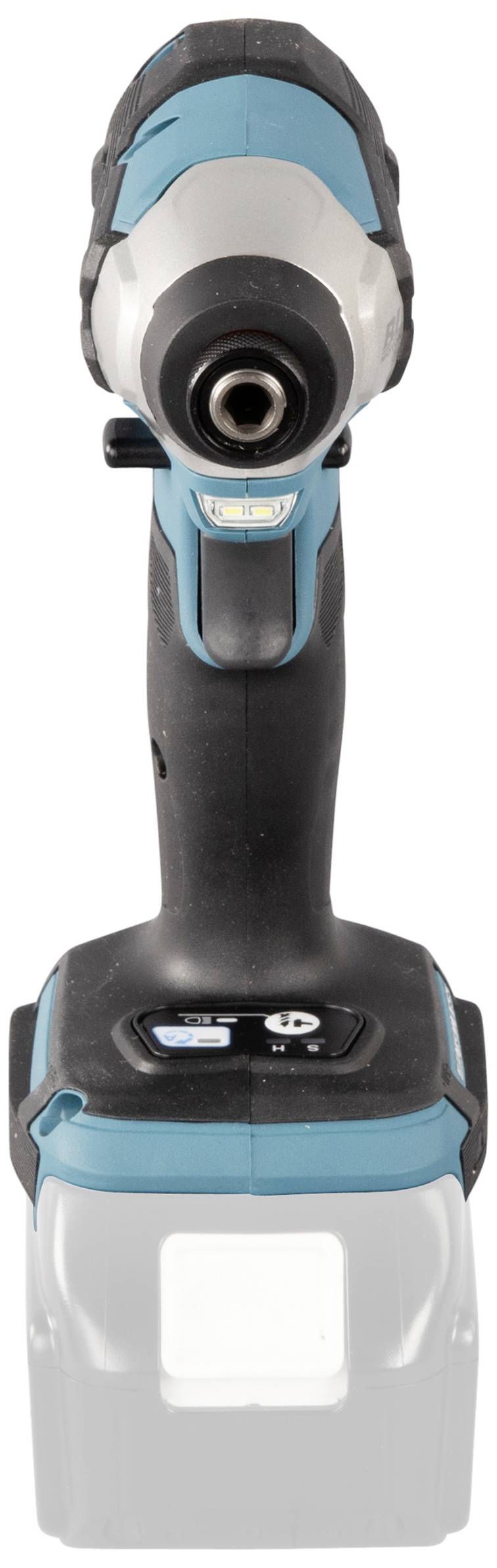 Cordless electric screwdriver, standing upright, with a black and blue casing, suitable for construction and DIY work.