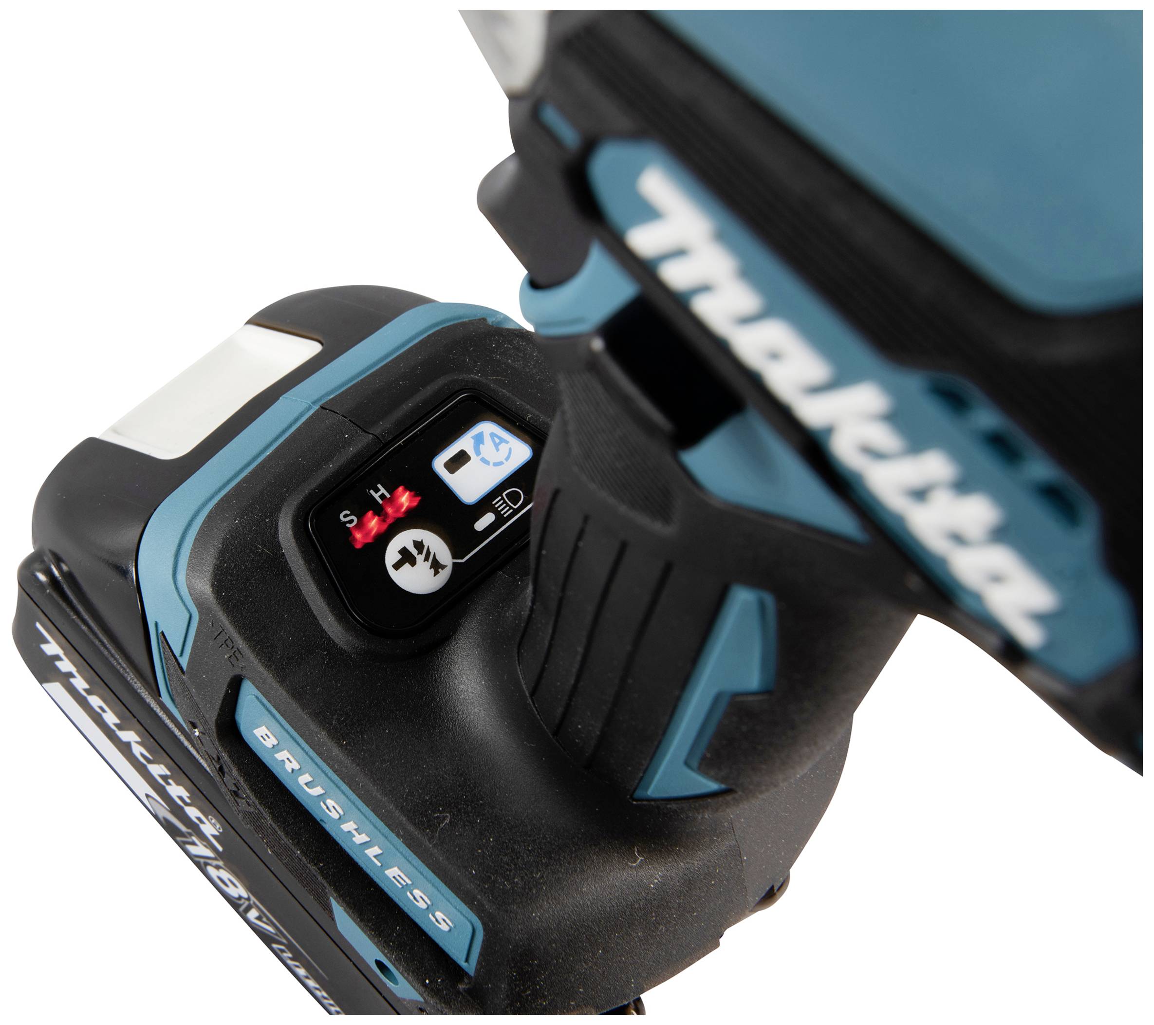 A cordless Makita screwdriver with battery, viewed from above. The display shows the battery level and operating mode.