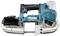 Portable hand bandsaw in turquoise and black, with handle and saw blade.