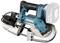 A cordless bandsaw on a white background. It has a blue-black design with an ergonomic handle and a battery pack.