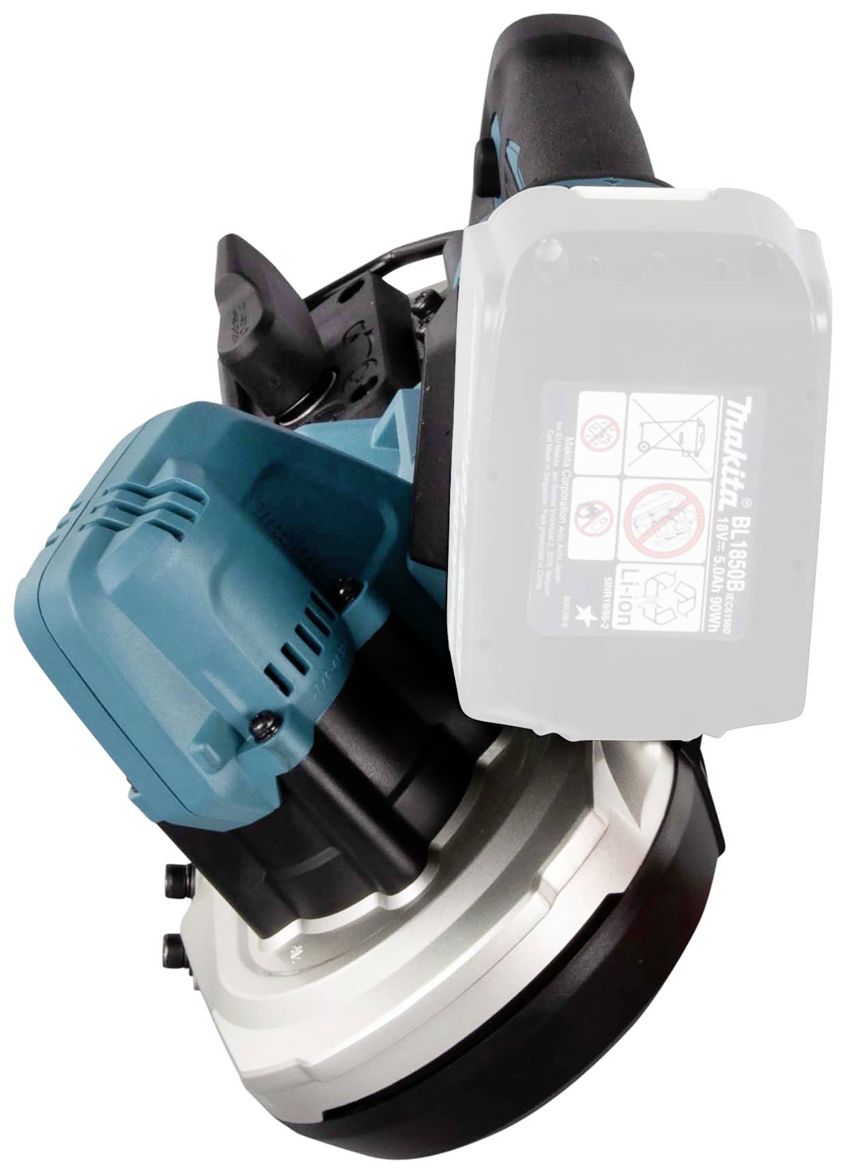 Battery-powered blue angle grinder with an ergonomic handle, silver disc, and manufacturer details visible on the battery.