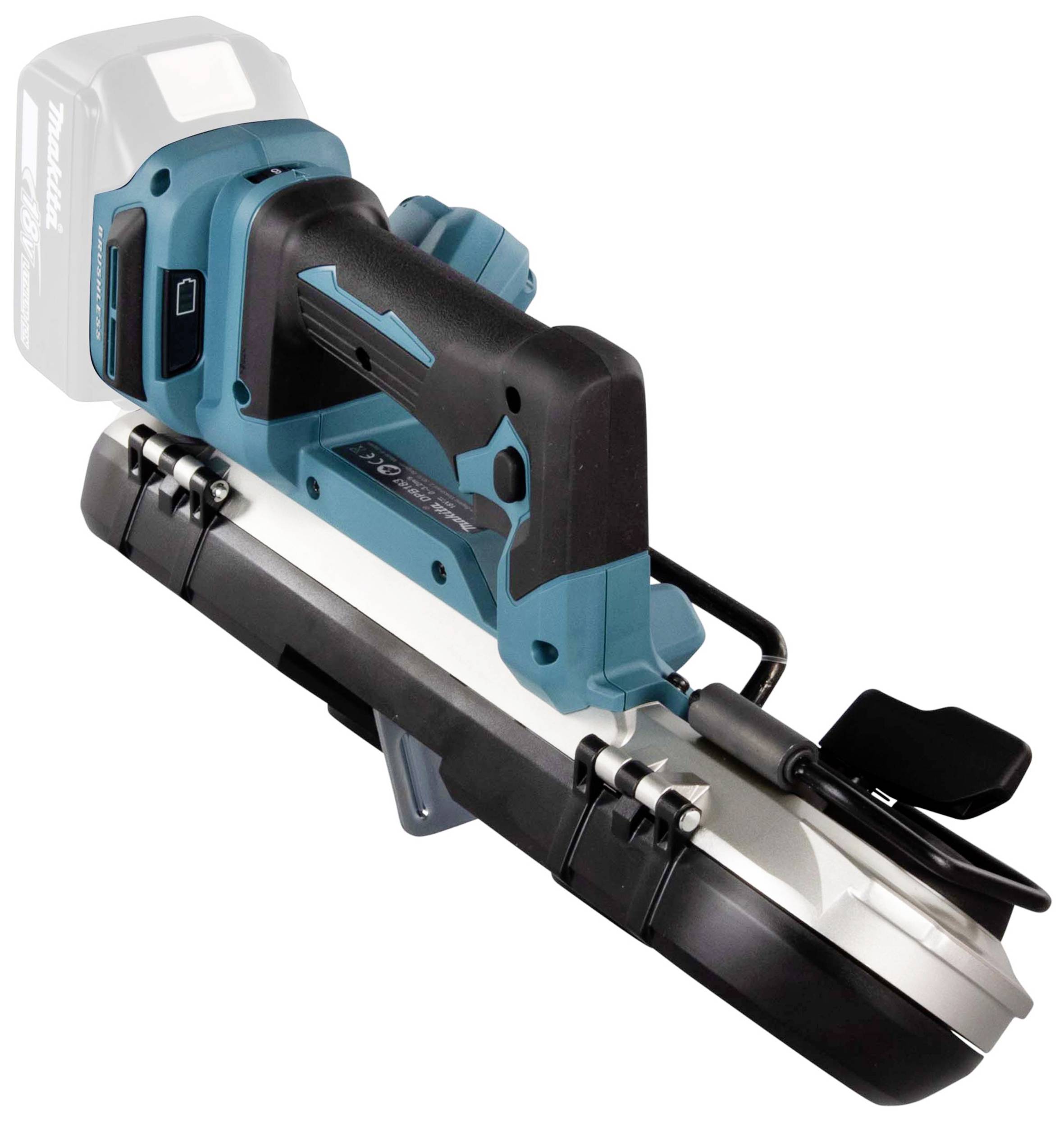 Portable bandsaw in blue and black, battery not included. Suitable for mobile metalworking or woodworking.