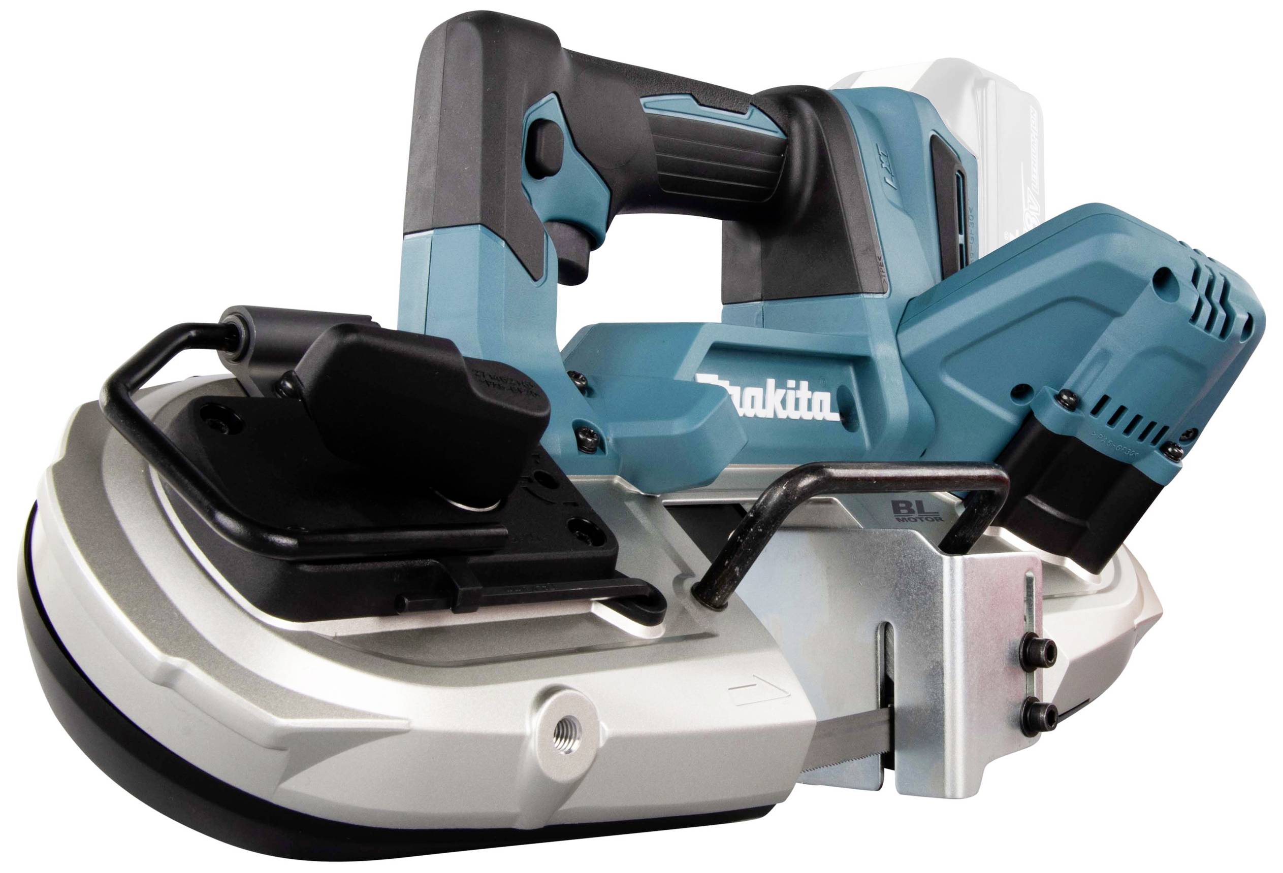 Battery-powered bandsaw in blue and black, suitable for transport and precise cutting of metal and plastic. Distinctive brand markings on the side.