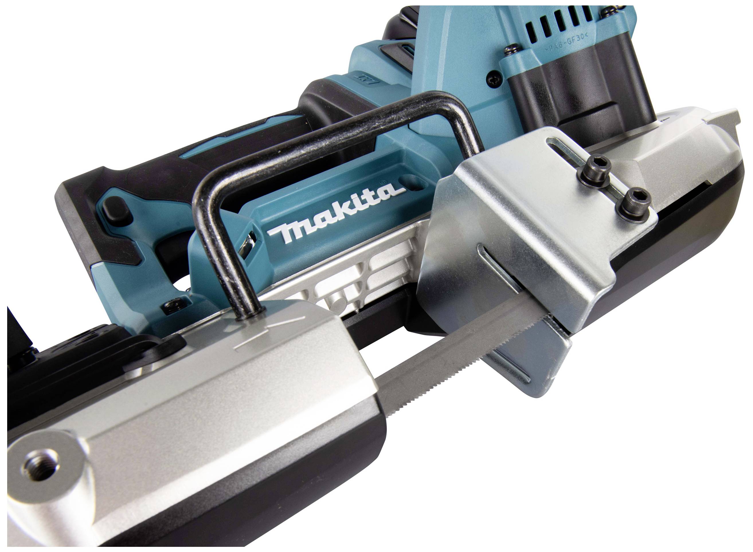 A Makita electric jigsaw with blue and silver elements. It is ready for use and displays the saw blade.