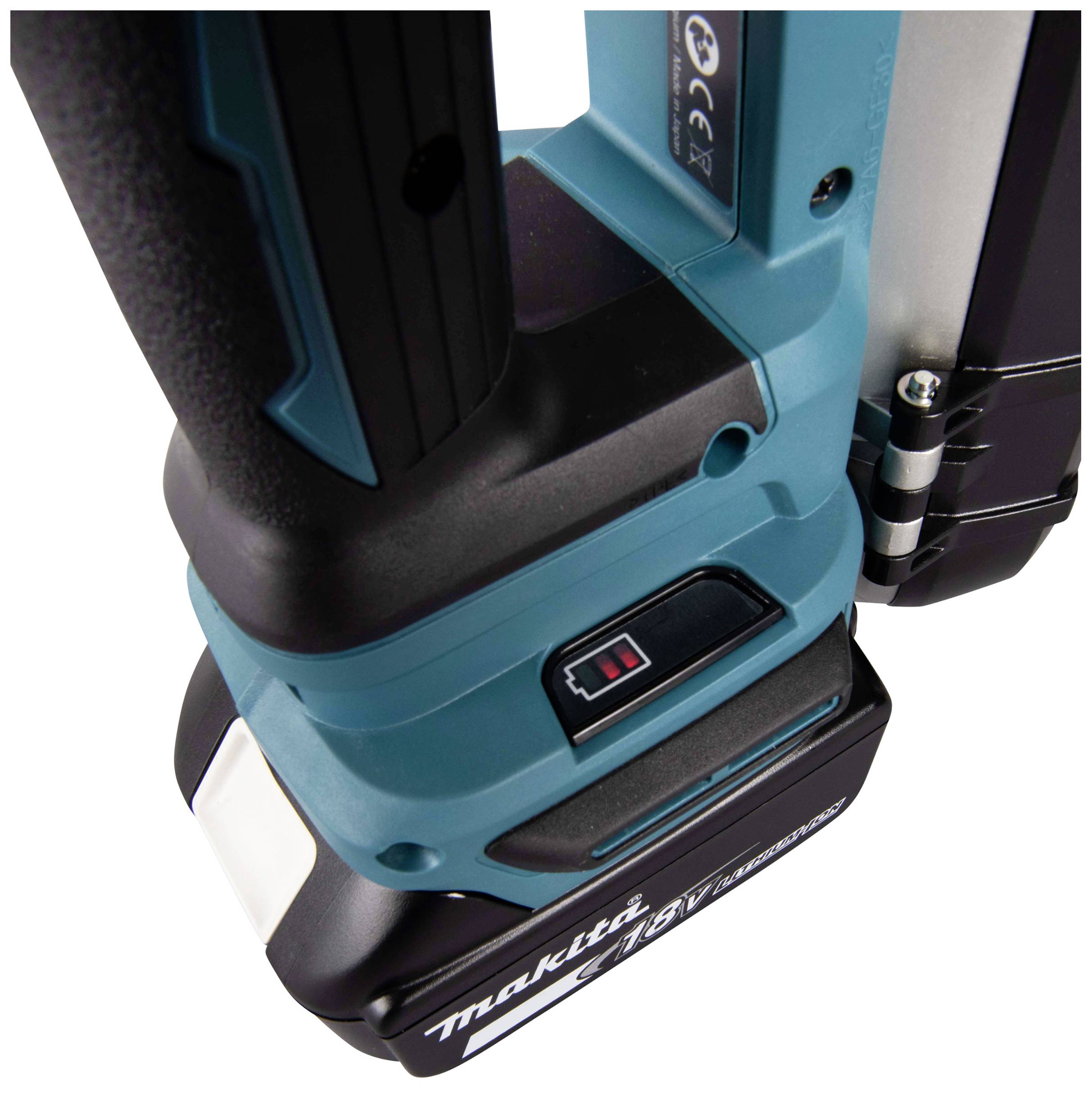 Battery-powered nail gun in blue and black colour combination, showing the battery compartment and control elements.