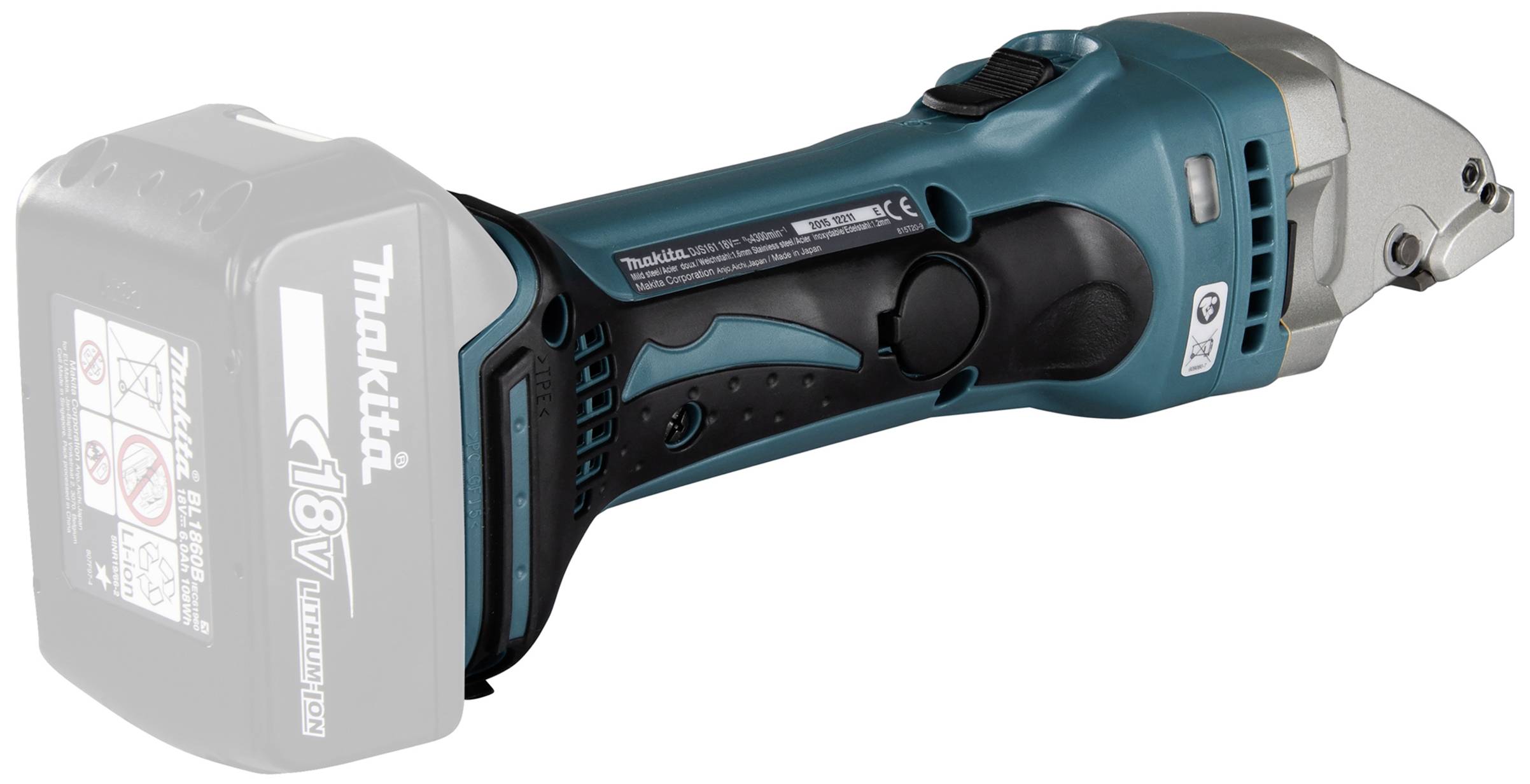 Battery-powered metal shears in blue and black, suitable for precise metal sheet cutting, shown without battery.
