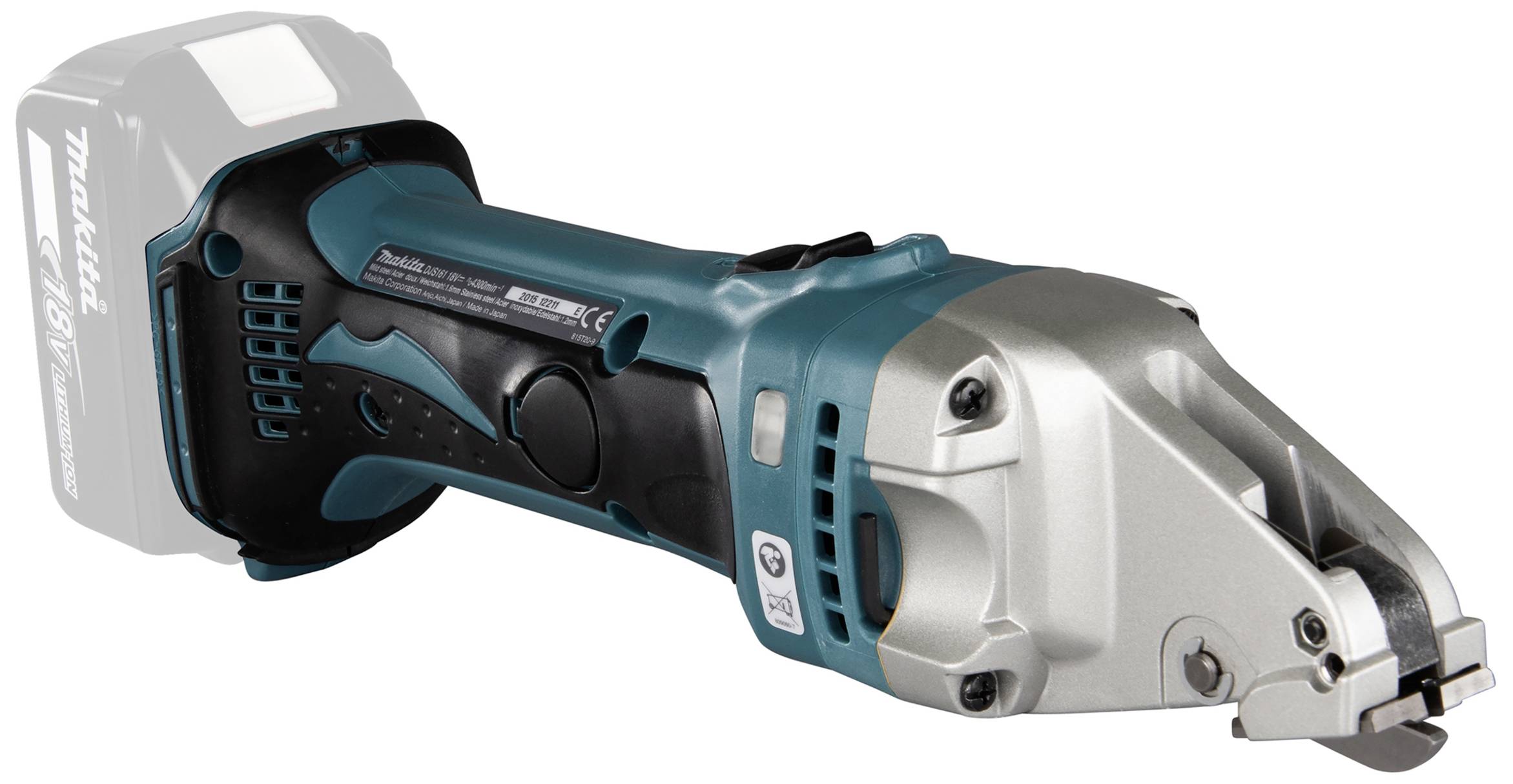 Makita Cordless Shears in black and blue for metalworking. Compact, cordless, with an ergonomic handle. Ideal for precise cuts.