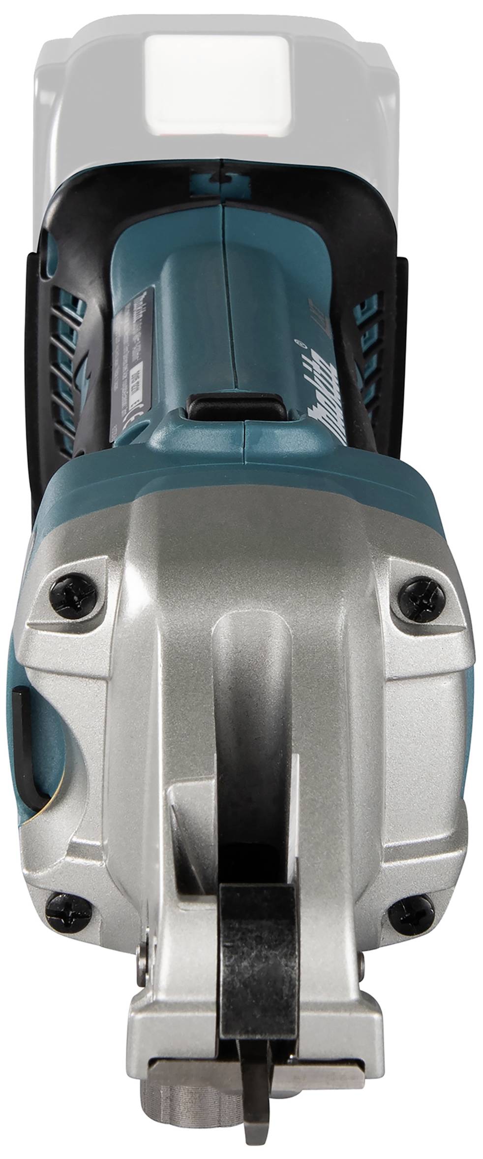 Cordless electric tool, top-down view. Silver-blue casing, ergonomic design. Suitable for DIY tasks.