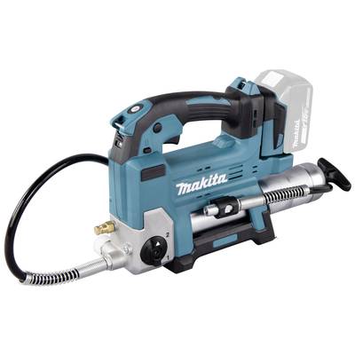 Battery-powered grease gun in blue and black, with Makita logo. Suitable for lubricating machines or vehicles.