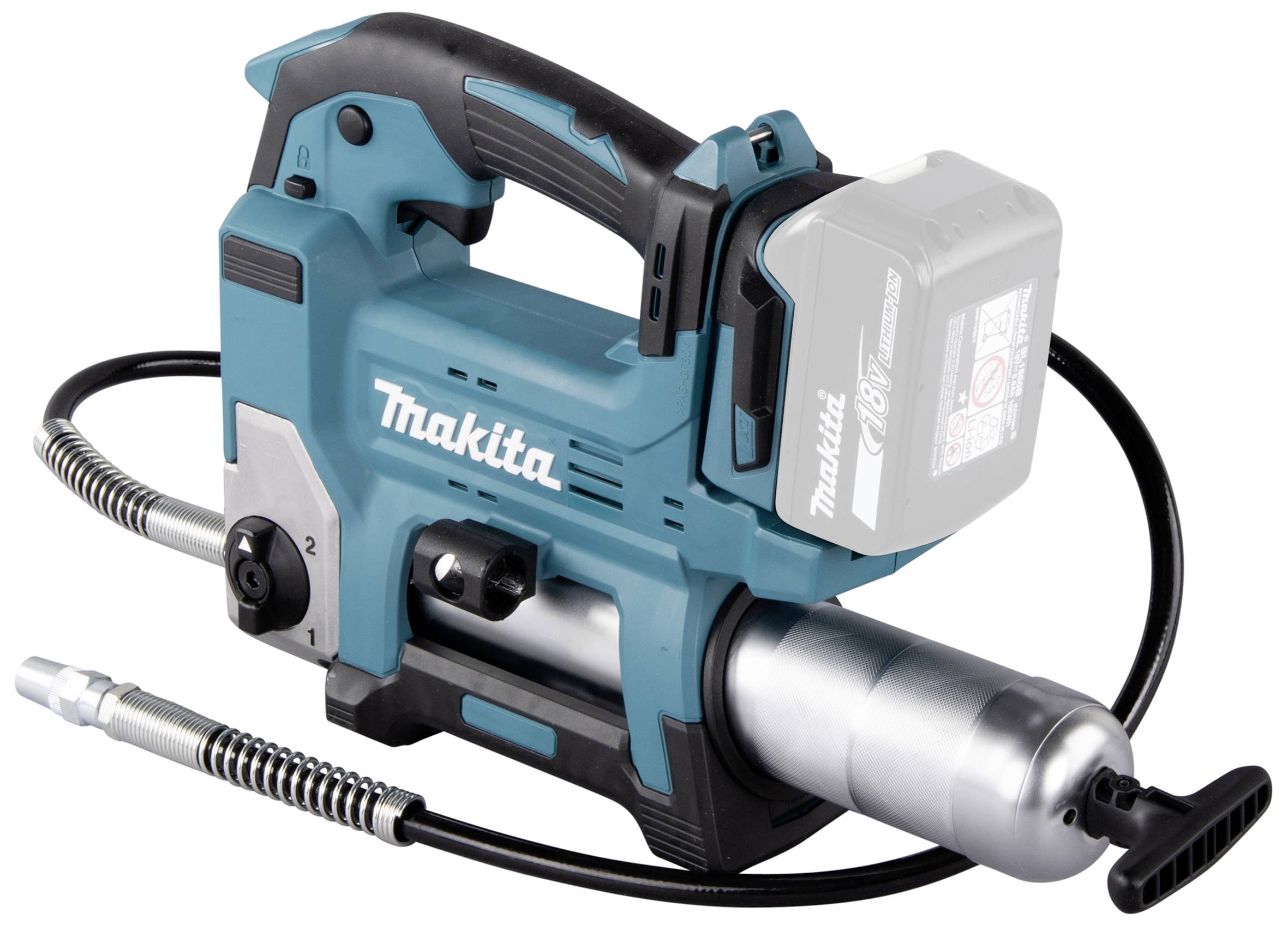 Battery-powered blue grease gun with hose and ergonomic handle, suitable for industrial applications and vehicle maintenance.