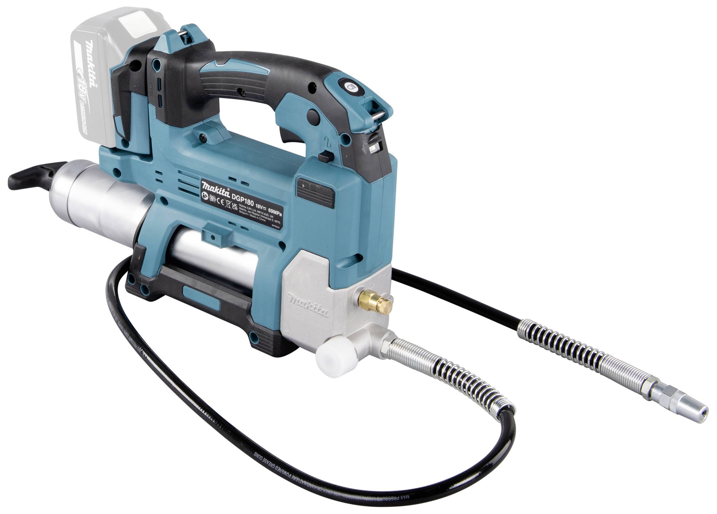 A blue battery-powered grease gun with a flexible hose and handle, displayed against a white background.