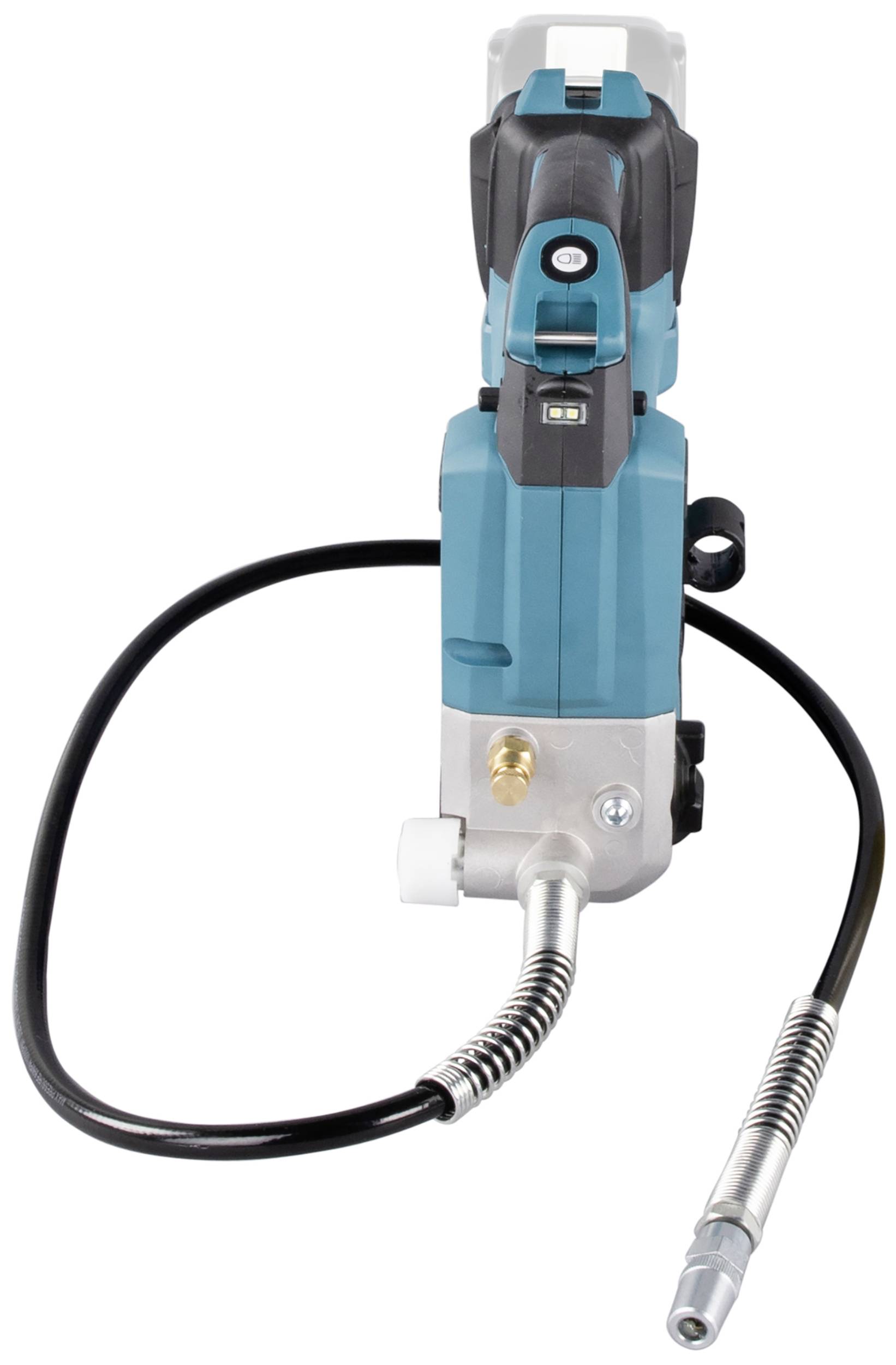 Electric handheld device with a blue casing and a long, black hose. Likely used for spraying or applying liquids.