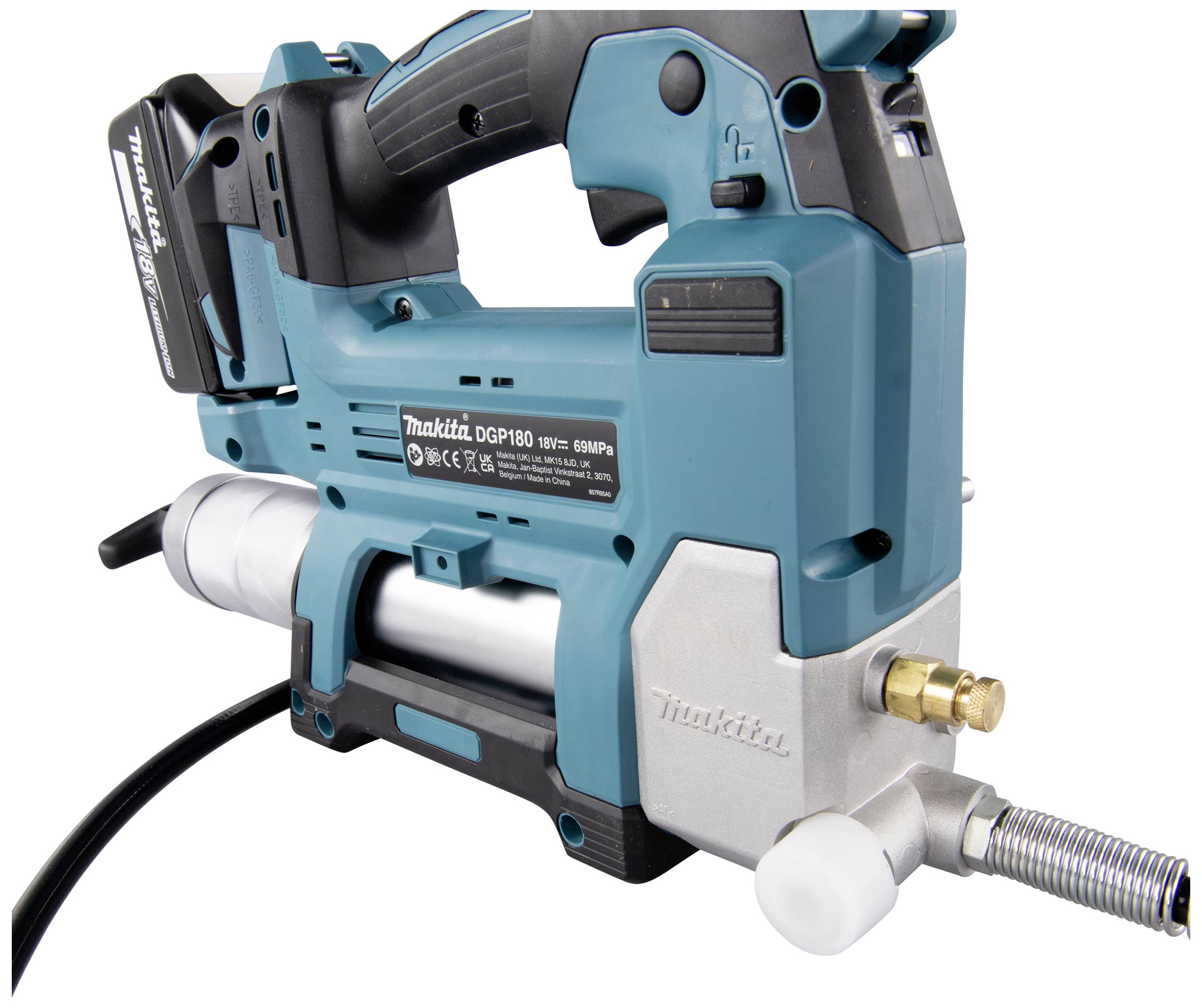 A cordless grease gun with a blue-black housing, suitable for lubricating machines and vehicles.