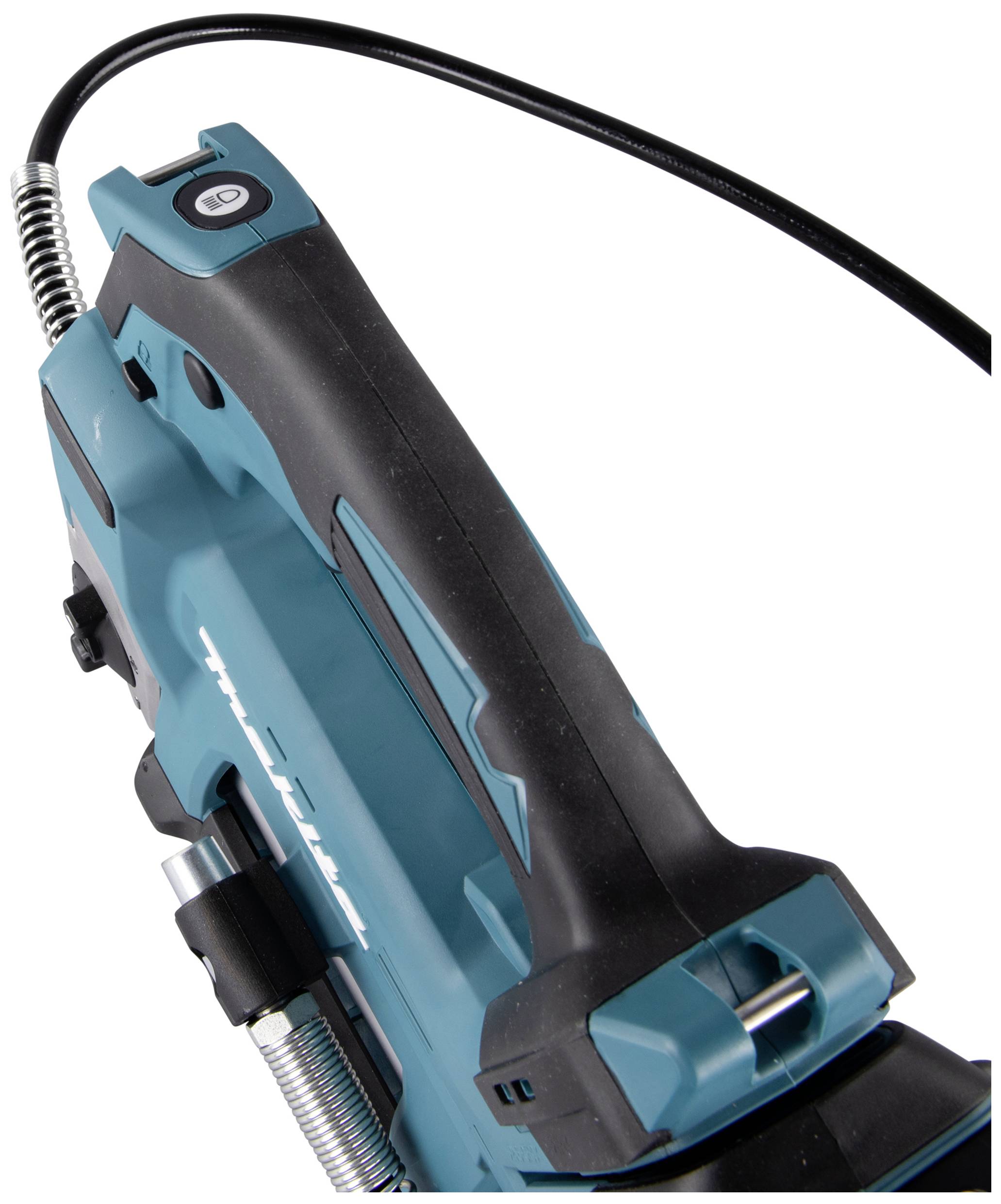 Electric tool in close-up, turquoise in colour, with a black handle and cable. Suitable for DIY projects.