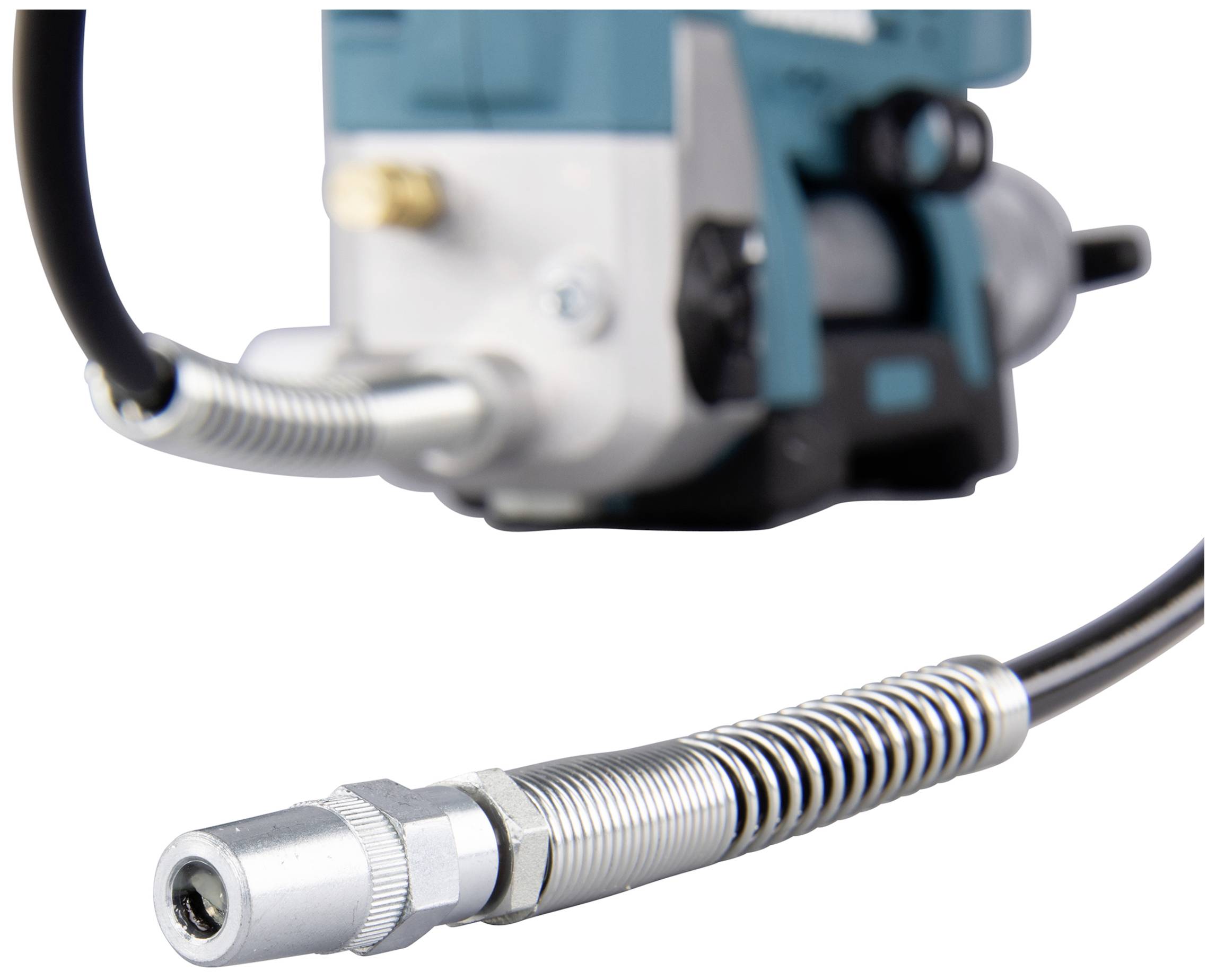 Close-up of a metal hose connection on a machine, showing the attachment of a high-pressure-resistant hose.