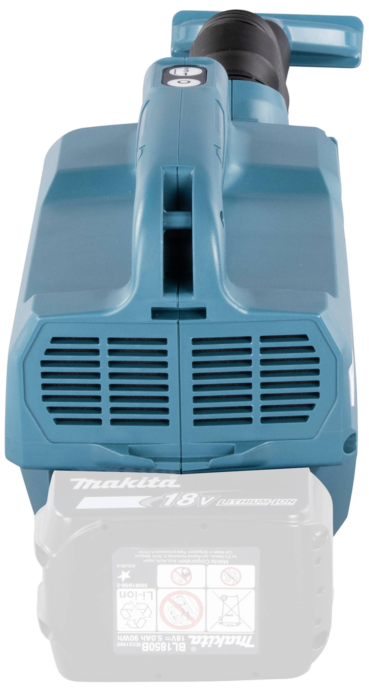 A blue, battery-powered tool blower by Makita, viewed from above. Battery clearly marked with red warning symbols.