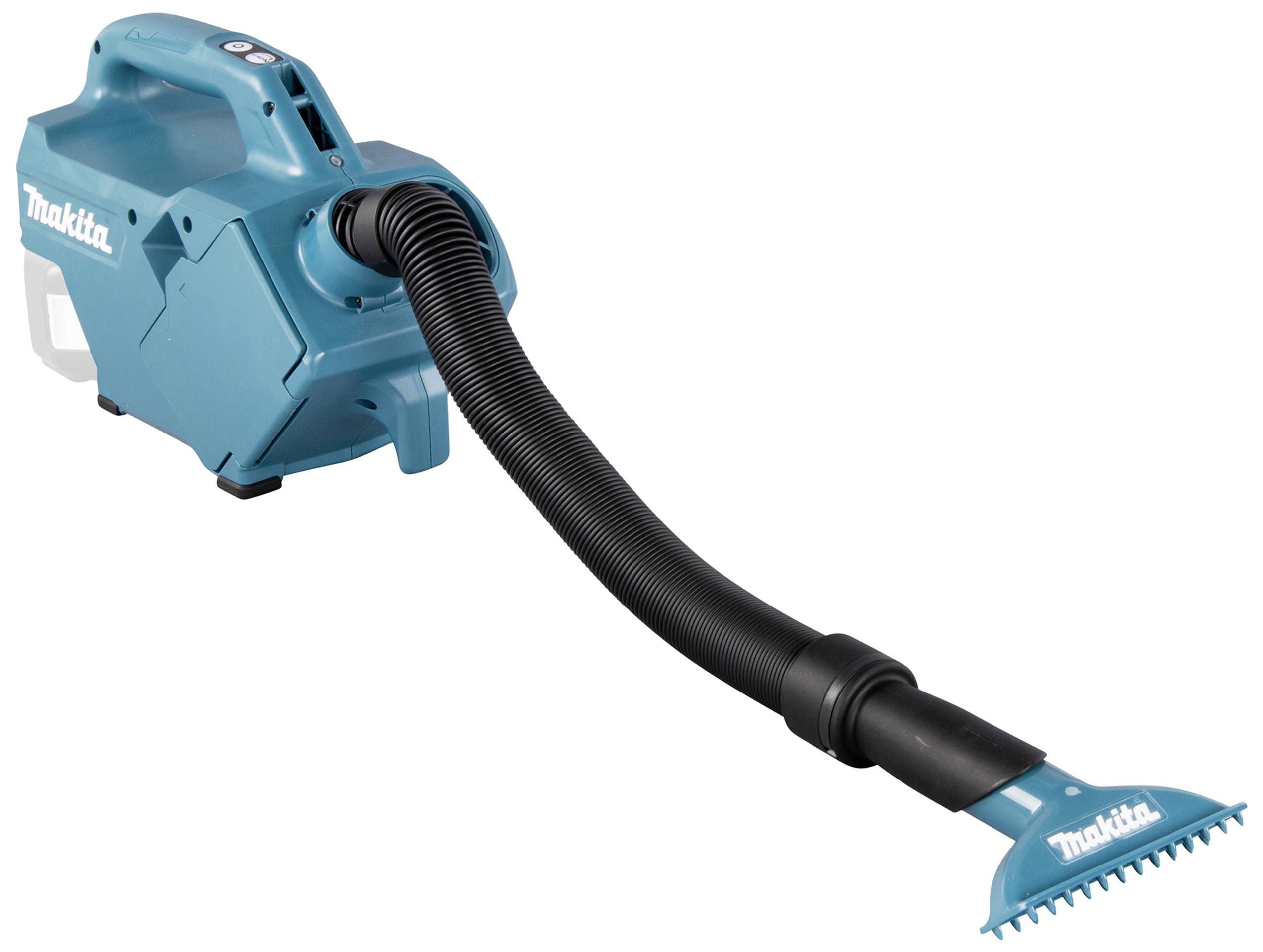 A portable, cordless vacuum cleaner with a flexible hose and brush attachment, suitable for cleaning hard-to-reach areas.