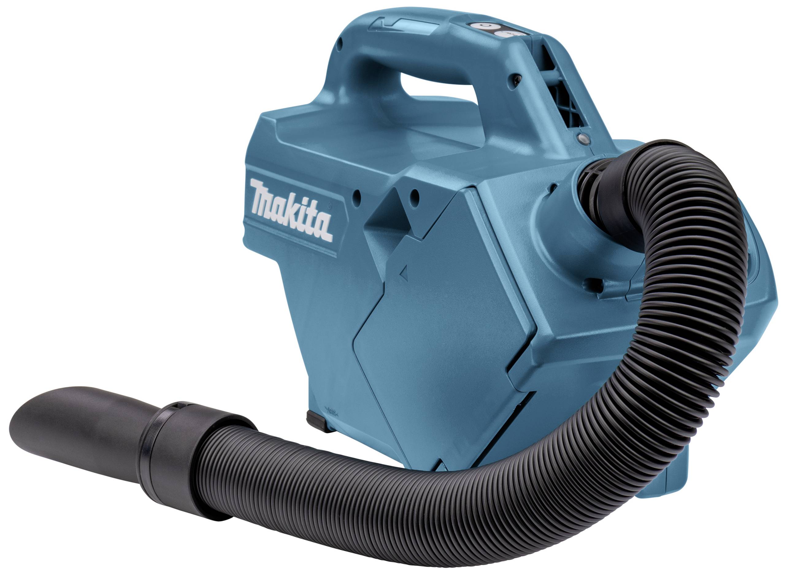 Portable vacuum cleaner in teal with a flexible hose. Suitable for construction or DIY work.
