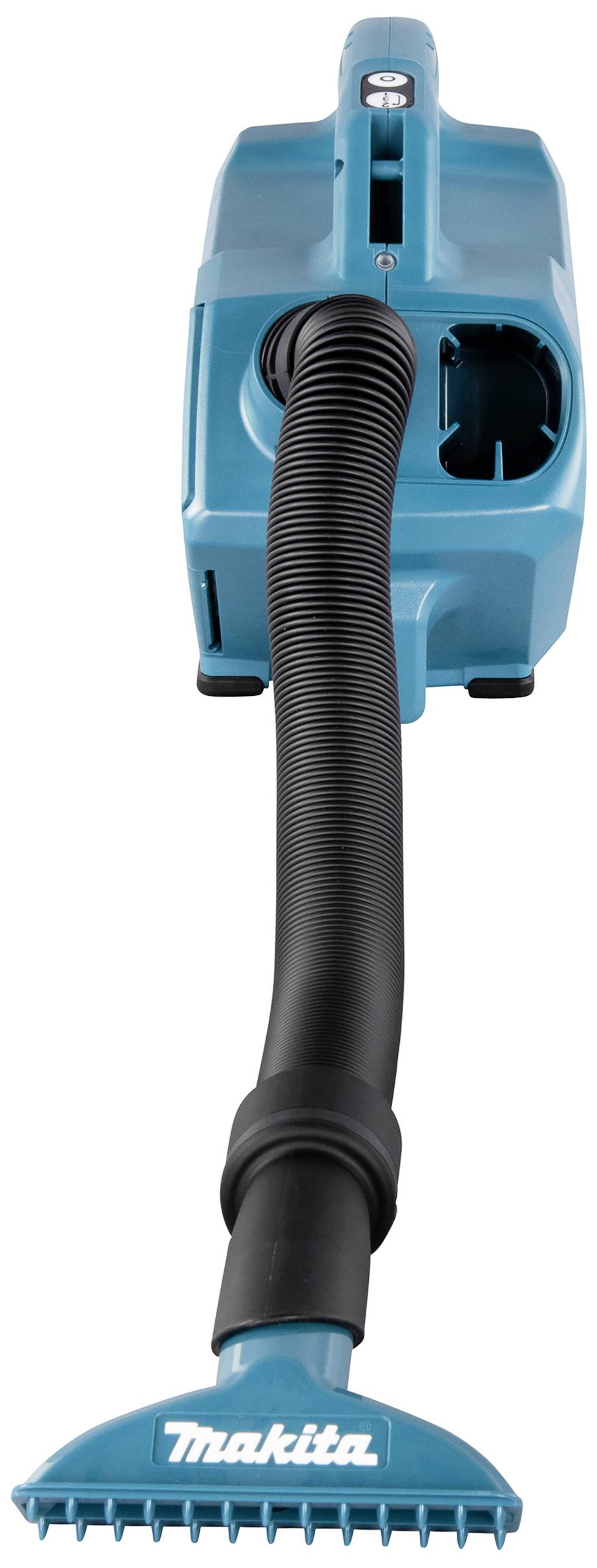 A blue portable vacuum cleaner with a black hose and a blue nozzle, designed for efficient cleaning of small areas.